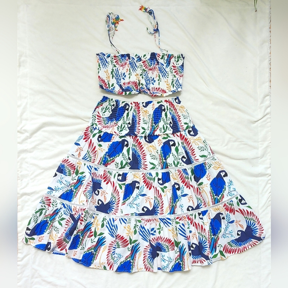 House Of Harlow Blue Macaw Crop Top and Maxi Skirt Set: Size L (runs big!)